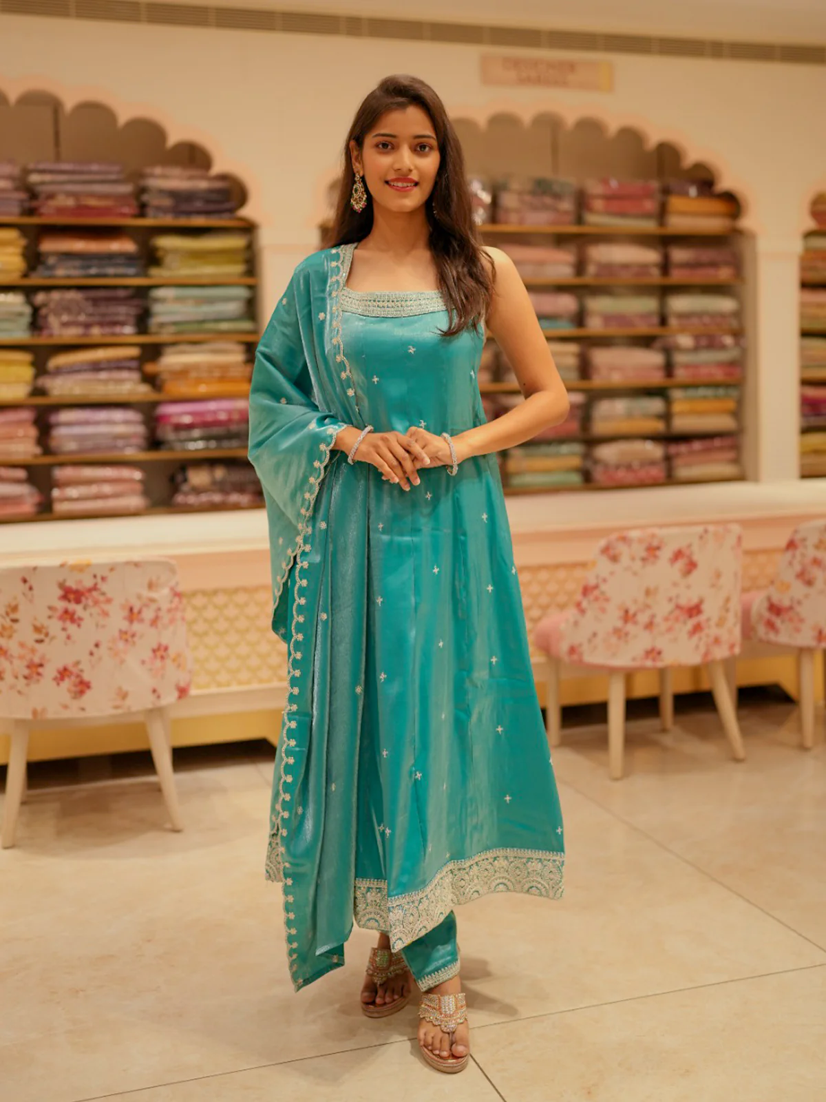 Teal Green Floral Zari Embroidered Design Organza Anarkali Salwar Suit with Dupatta
